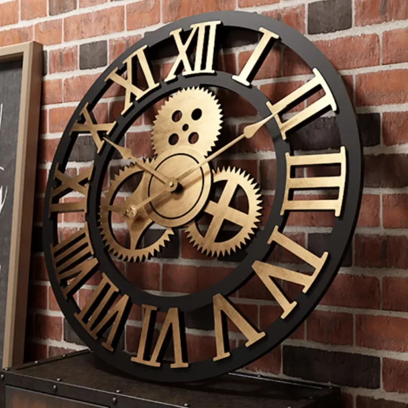 Orologio da Parete Vintage Industriale - Grande Design Moderno con Ingranaggi e Legno 3D - immagine 4